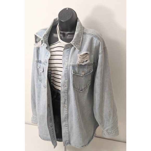 Ci Sono Womens Distressed Denim Jean Curved Hem Pockets Y2K 90s Jacket Shirt Top - Picture 11 of 14